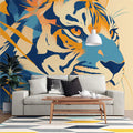 Abstract Tiger Mural Wallpaper in Living Room Orange, Blue, and Yellow Tiger Mural Wallpaper - pure wallpaper artwork