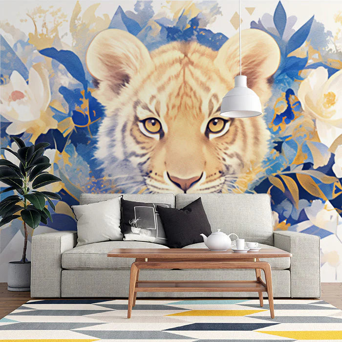 Abstract Tiger Mural Wallpaper in a home office Orange, Blue, and Yellow Tiger Mural Wallpaper
