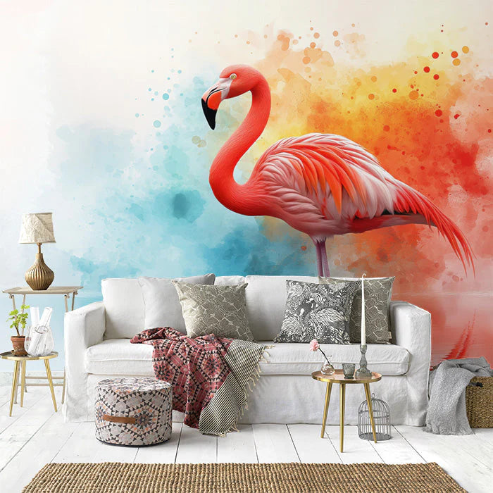 Flamingo Mural Wallpaper in Living Room Pink, Orange, Blue, and White Flamingo Mural Wallpaper - pure wallpaper artwork
