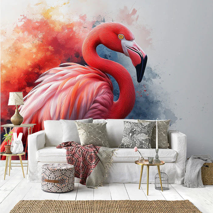 Flamingo Mural Wallpaper in Home Office Pink, Orange, Blue, and White Flamingo Mural Wallpaper - pure wallpaper artwork