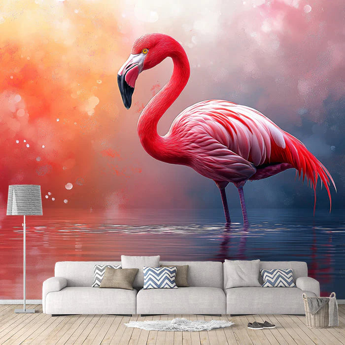 Flamingo Mural Wallpaper in Living Room Pink, Orange, and White Flamingo in the water Mural Wallpaper - pure wallpaper artwork
