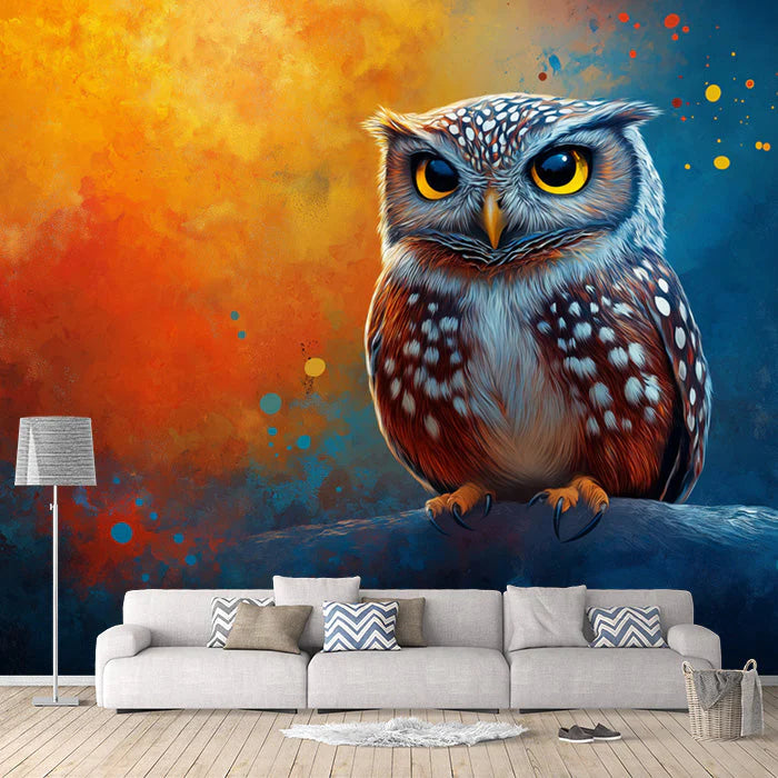 Owl Mural Wallpaper in Living Room Brown, Blue, Orange, and Yellow Owl Mural Wallpaper - pure wallpaper artwork