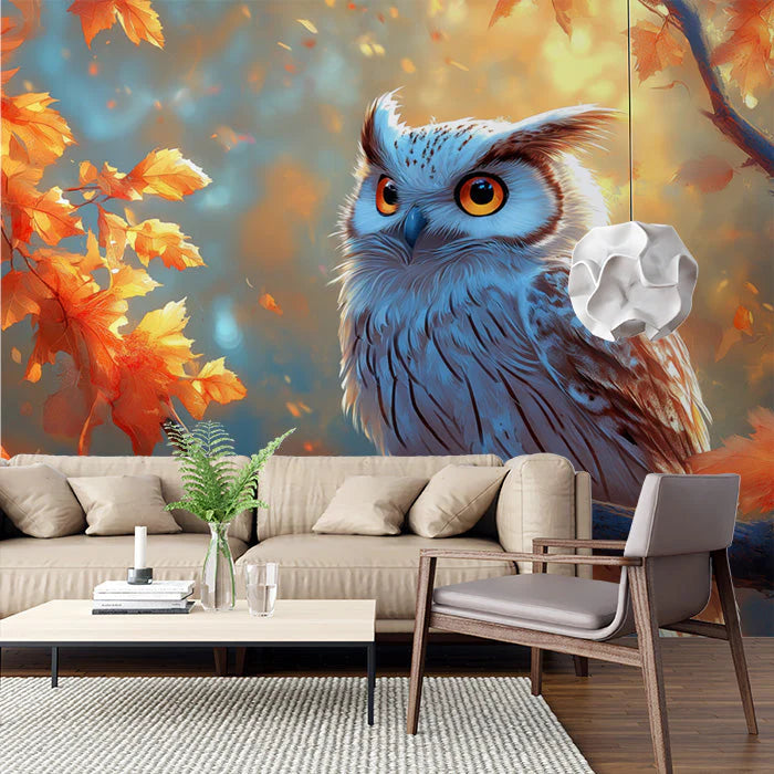 Owl Mural Wallpaper in Commercial Space Brown, Blue, Orange, and Yellow Owl Mural Wallpaper