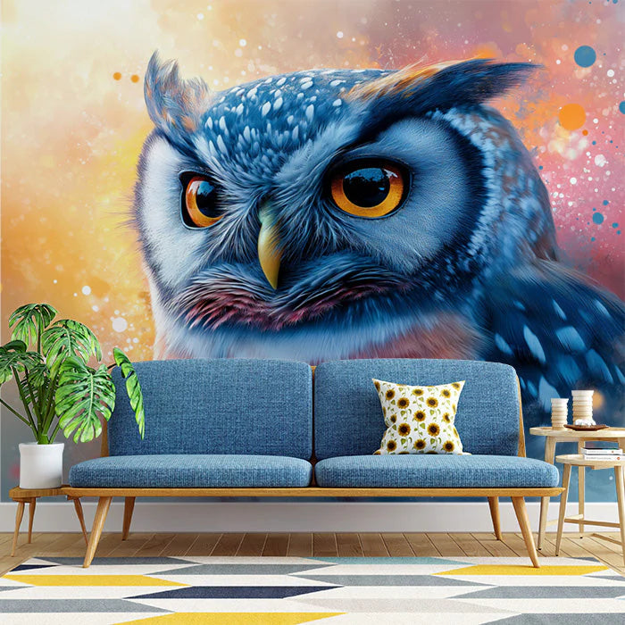 Owl Mural Wallpaper in a study Brown, Blue, Orange, and Yellow Owl Mural Wallpaper