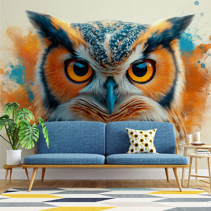Owl Mural Wallpaper in a reading nook Brown, Blue, Orange, and Yellow Owl Mural Wallpaper