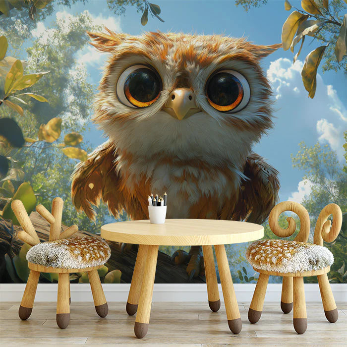 Owl Mural Wallpaper for a Nursey Brown, Blue, Orange, and Yellow Owl Mural Wallpaper - pure wallpaper artwork