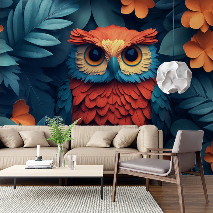 Owl Mural Wallpaper in Living Room Brown, Blue, Orange, and Yellow Owl Mural Wallpaper