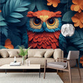 Owl Mural Wallpaper in Living Room Brown, Blue, Orange, and Yellow Owl Mural Wallpaper - pure wallpaper artwork