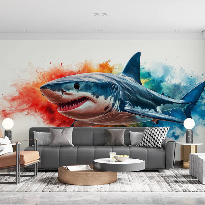 Shark Mural Wallpaper in Living Room Blue, Red, Orange, and Various Colors of Shark Mural Wallpaper - pure wallpaper artwork