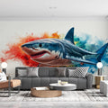 Shark Mural Wallpaper in Living Room Blue, Red, Orange, and Various Colors of Shark Mural Wallpaper - pure wallpaper artwork