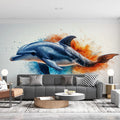 Shark Mural Wallpaper in Living Room Blue, Red, Orange, and Various Colors of Shark Mural Wallpaper - pure wallpaper artwork
