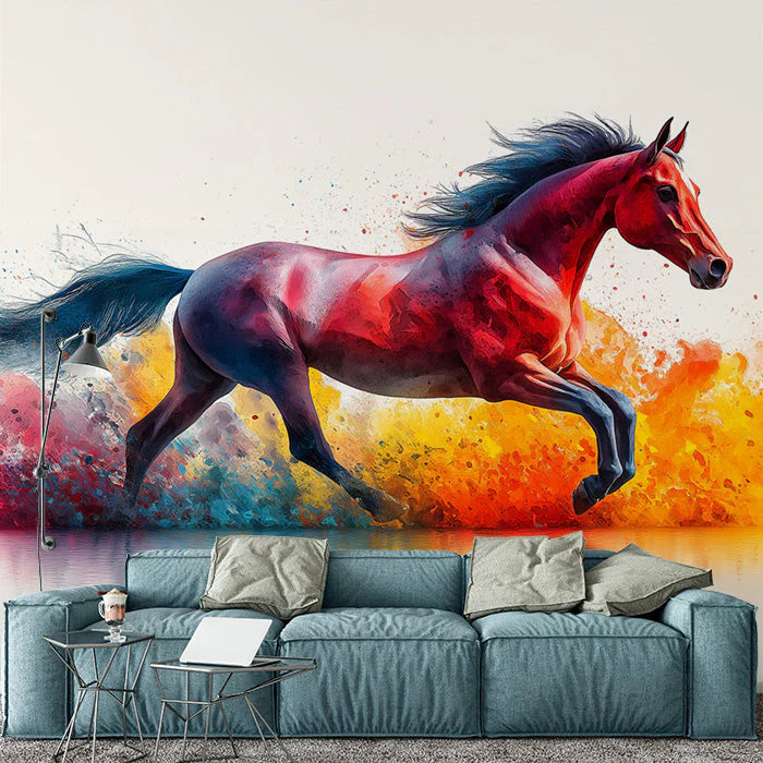 Red Galloping Horse Mural Wallpaper —Abstract Red & Blue Wall Art Mural Wallpaper