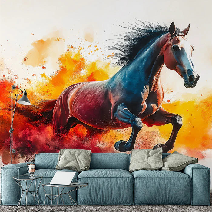 Red Horse Mural Wallpaper in Living Room Red, Blue, Orange, and Various Colors of Horse -1 Mural Wallpaper - pure wallpaper artwork