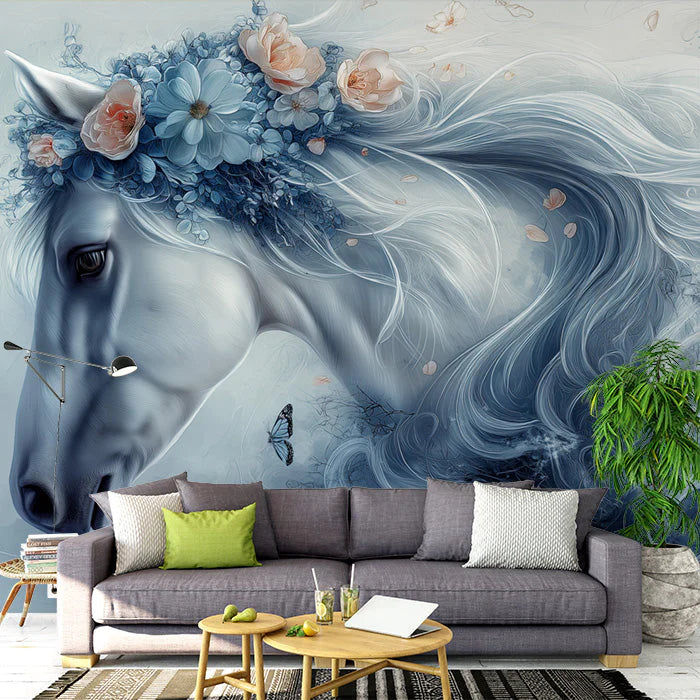 Blue Horse with Flowers Mural Wallpaper in Living Room Blue, White, Pink, and Various Pastel Colors Mural Wallpaper