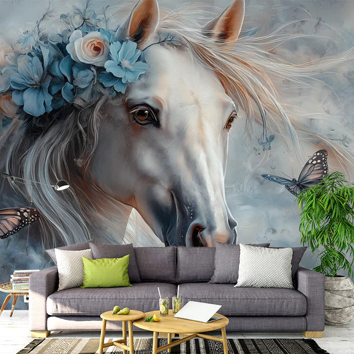 Blue Horse with Flowers Mural Wallpaper in Living Room Blue, White, Pink, and Various Pastel Colors -1 Mural Wallpaper - pure wallpaper artwork