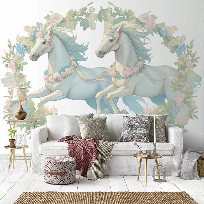 Twin Horses with Flowers Mural Wallpaper in Living Room Light Blue, Pink, Green, and White Horses Mural Wallpaper - pure wallpaper artwork