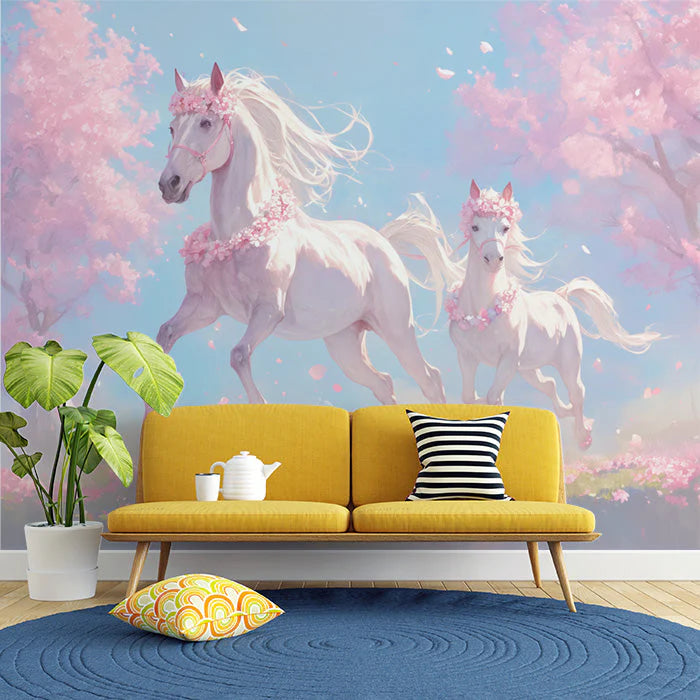 Twin Horses with Flowers Mural Wallpaper in Living Room Light Blue, Pink, Green, and White Horses -1 Mural Wallpaper - pure wallpaper artwork