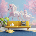 Twin Horses with Flowers Mural Wallpaper in Living Room Light Blue, Pink, Green, and White Horses -1 Mural Wallpaper - pure wallpaper artwork
