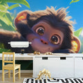 Monkey Mural Wallpaper in Playroom Brown, Orange, Blue, and Green Monkey Mural Wallpaper - pure wallpaper artwork