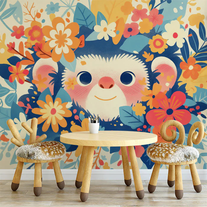 Monkey with Flowers Mural Wallpaper in Playroom Blue, Orange, Pink, and Various Bright Colo Monkey Mural Wallpaper - pure wallpaper artwork