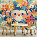 Monkey with Flowers Mural Wallpaper in Playroom Blue, Orange, Pink, and Various Bright Colo Monkey Mural Wallpaper - pure wallpaper artwork