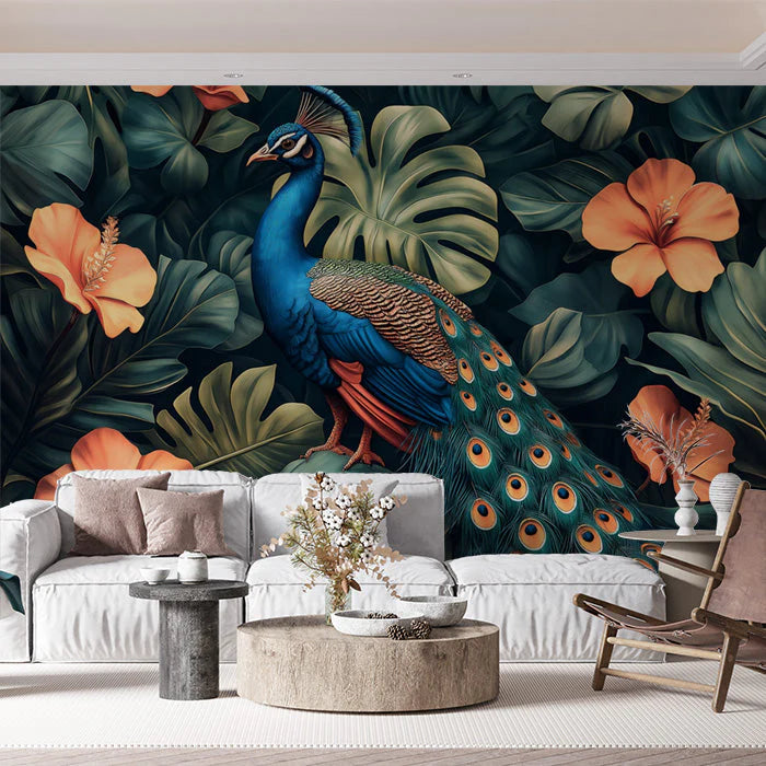 Peacock Mural Wallpaper in Living Room Blue, Green, Orange, and Various Colors of Peacock Mural Wallpaper
