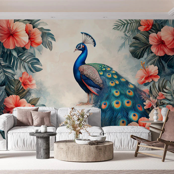 Peacock Mural Wallpaper in Living Room Blue, Green, Orange, and Various Colors of Peacock -1 Mural Wallpaper - pure wallpaper artwork