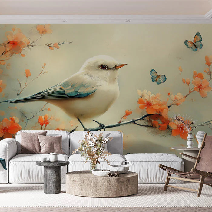 Bird and Flowers Mural Wallpaper in Living Room Beige, Orange, Blue, and Green Bird and Flowers Mural Wallpaper