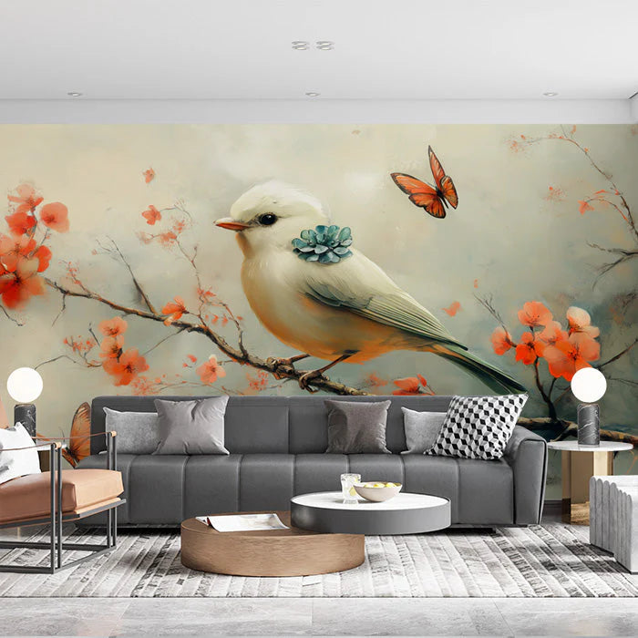 Bird and Flowers Mural Wallpaper in Living Room Beige, Orange, Blue, and Green Bird and Flowers -1 Mural Wallpaper