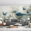 Dreamy Bird and Butterfly Wallpaper, Soft Blue Floral Mural for Nursery or Reading Nook Decor Mural Wallpaper - pure wallpaper artwork