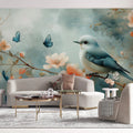 Bird and Flowers Mural Wallpaper in Living Room Beige, Orange, Blue, and Green Bird and Flowers -3 Mural Wallpaper - pure wallpaper artwork