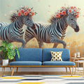 Zebra with Flowers Mural Wallpaper in Living Room Black, White, Pink, and Various Colors of Zebra Mural Wallpaper - pure wallpaper artwork