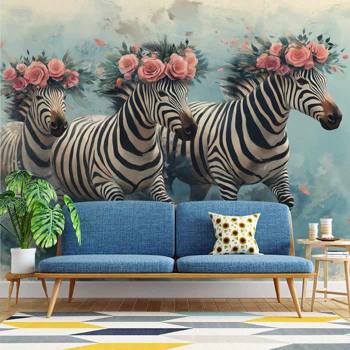 Zebra with Flowers Mural Wallpaper in Living Room Black, White, Pink, and Various Colors of Zebra -1 Mural Wallpaper