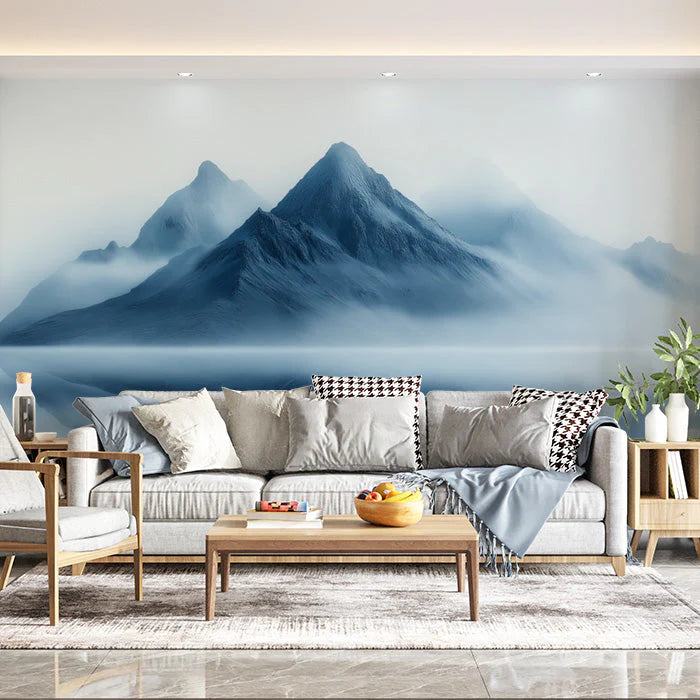 Blue Mountain Mural Wallpaper in Living Room Blue, Gray, and White Mountain Mural Wallpaper - pure wallpaper artwork