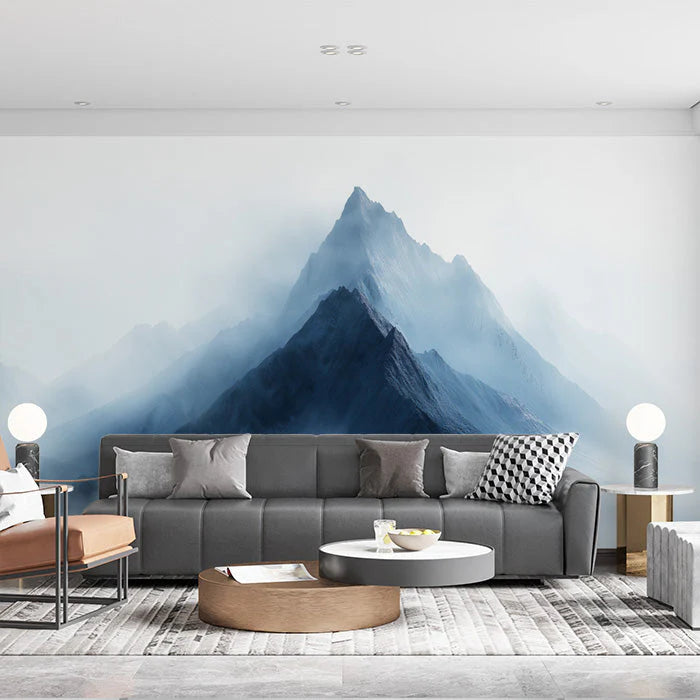 Blue Mountain Mural Wallpaper in Living Room Blue, Gray, and White Mountain -1 Mural Wallpaper - pure wallpaper artwork