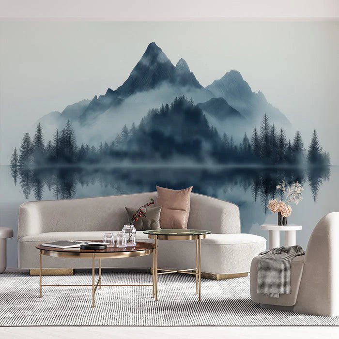 Blue Mountain Mural Wallpaper in Living Room Blue, Gray, and White Mountain -3 Mural Wallpaper
