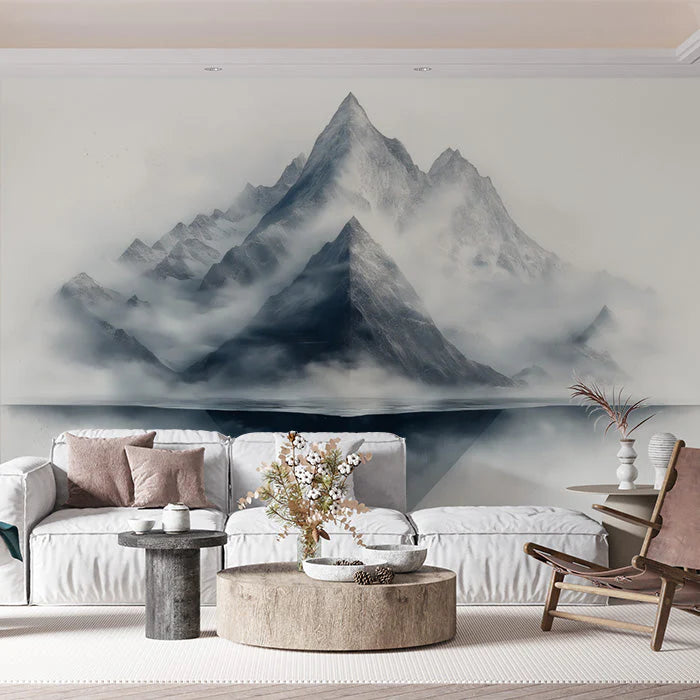 Gray Mountain Mural Wallpaper in Living Room Gray, White, and Blue Mountain Mural Wallpaper - pure wallpaper artwork