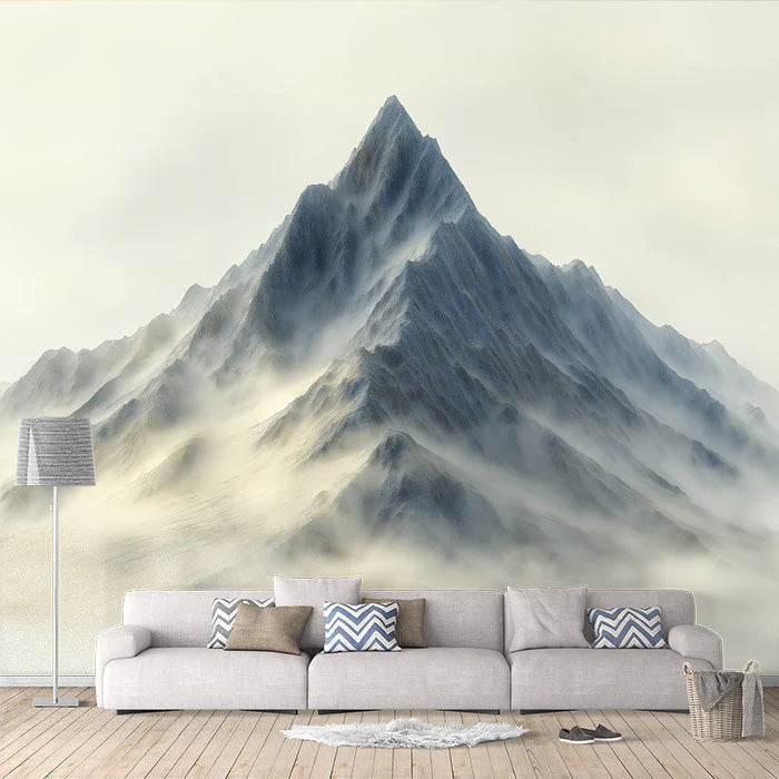 Gray Mountain Mural Wallpaper in Living Room Gray, White, and Blue Mountain -2 Mural Wallpaper - pure wallpaper artwork