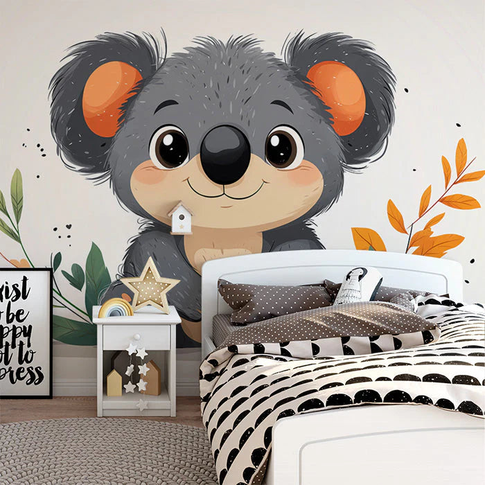 Koala Mural Wallpaper in Bedroom Gray, Orange, Green, and Various Colors Koala Mural Wallpaper