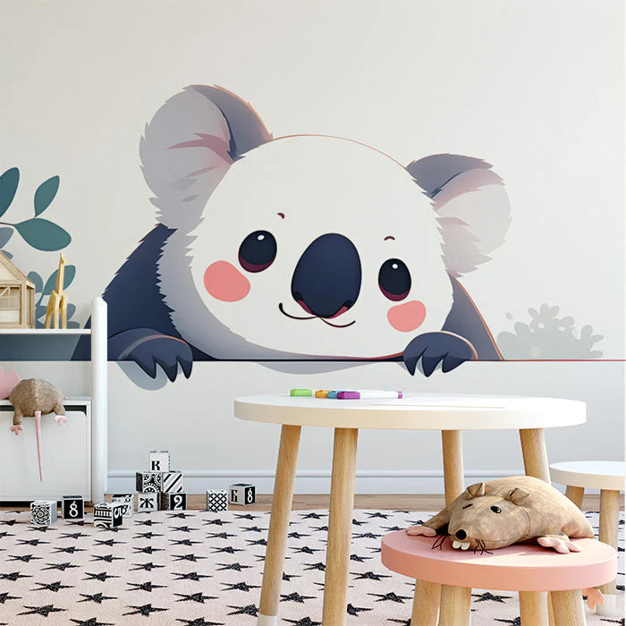 White Koala Mural Wallpaper in Playroom White, Gray, Pink, and Green Koala Mural Wallpaper