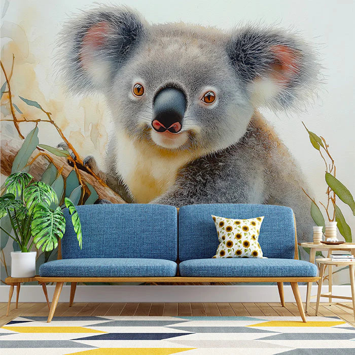 Realistic Koala Mural Wallpaper in Living Room Gray, Brown, Yellow, and Green Koala Mural Wallpaper - pure wallpaper artwork