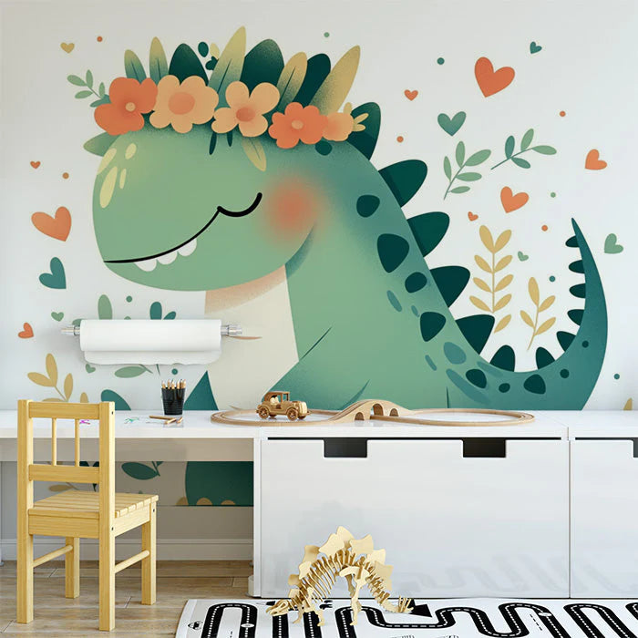 Dinosaur with Flower Crown Mural Wallpaper in Study Green, Orange, and Various Pastel Colors of Dinosaur Mural Wallpaper