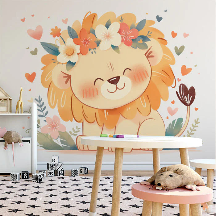 Cute Lion with Flower Crown Mural Wallpaper in Playroom Various Colors (Orange, Pink, Green, etc.) Lion Mural Wallpaper - pure wallpaper artwork