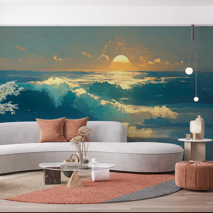 Ocean Sunset Mural Wallpaper in Living Room Various Colors (Blue, Orange, Yellow, etc.) of Ocean Sunset Mural Wallpaper - pure wallpaper artwork