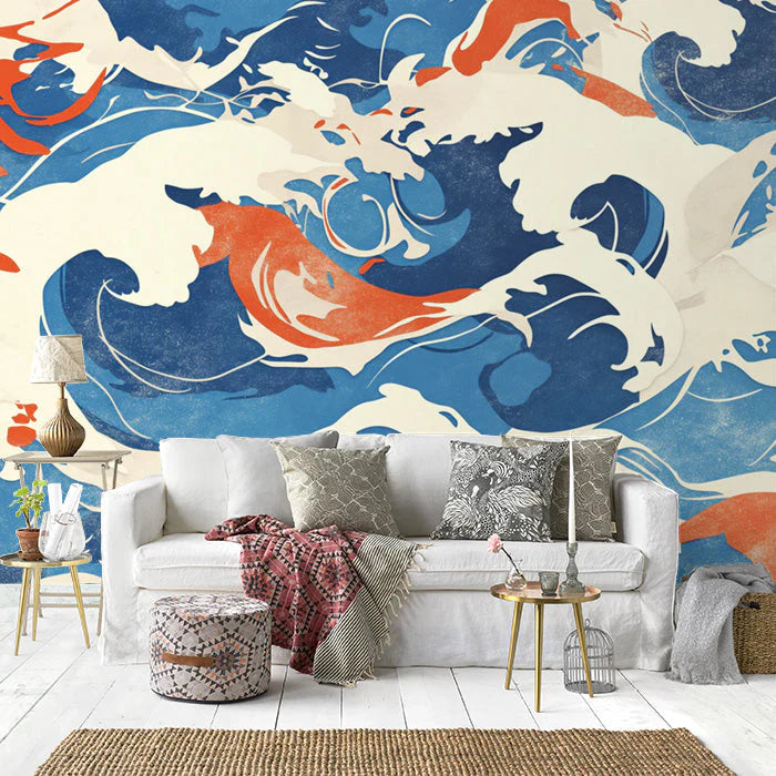 Blue and Orange Wave Mural Wallpaper in Living Room Various Colors (Blue, Orange, White, etc.) of Wave Mural Wallpaper