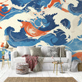 Blue and Orange Wave Mural Wallpaper in Living Room Various Colors (Blue, Orange, White, etc.) of Wave Mural Wallpaper - pure wallpaper artwork