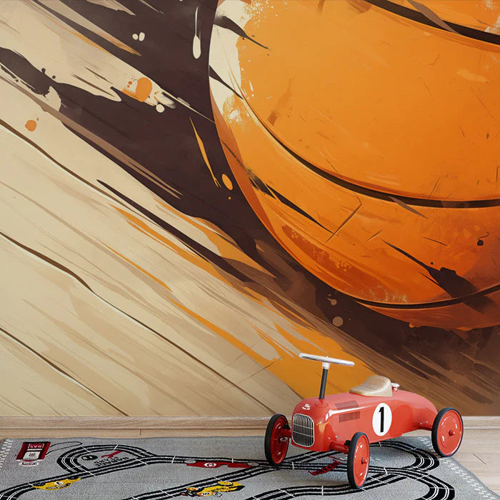 Abstract Basketball Mural Wallpaper in Play room Orange, Brown, and Beige Basketball Mural Wallpaper