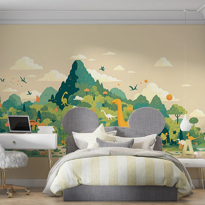 Dinosaur and Mountain Mural Wallpaper in Bedroom Various Colors (Green, Yellow, Blue, etc.) of Dinosaur Mural Wallpaper - pure wallpaper artwork