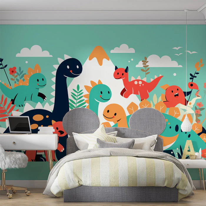 Dinosaur and Mountain Mural Wallpaper in Bedroom Various Colors (Green, Yellow, Blue, etc.) of Dinosaur Mural Wallpaper