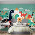 Dinosaur and Mountain Mural Wallpaper in Bedroom Various Colors (Green, Yellow, Blue, etc.) of Dinosaur Mural Wallpaper - pure wallpaper artwork